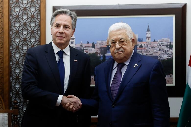 U.S. Secretary of State Antony Blinken meets with Palestinian President Mahmoud Abbas amid the ongoing conflict between Israel and the Palestinian Islamist group Hamas, at the Muqata in Ramallah in the Israeli-occupied West Bank, Sunday, Nov. 5, 2023. (Jonathan Ernst/Pool photo via AP)