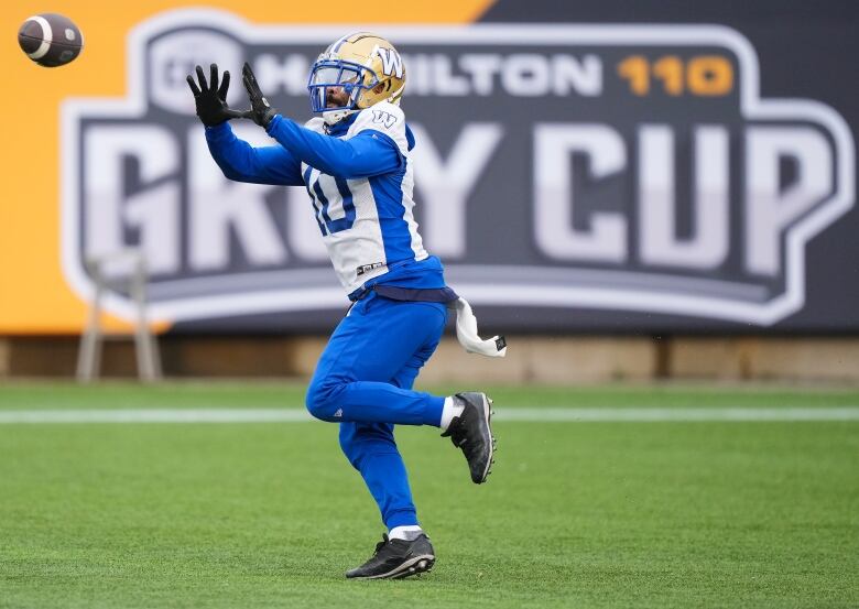 A player catches a football.