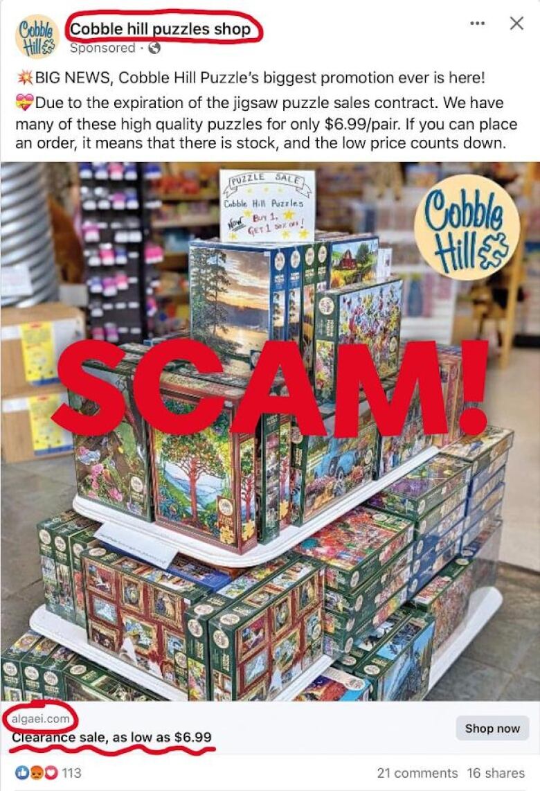 An ad claiming there is a sale on puzzles, with the words 'Scam' written in red letters over top.