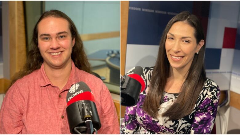 Two people sit in front of CBC microphones in studio at CBC Windsor.