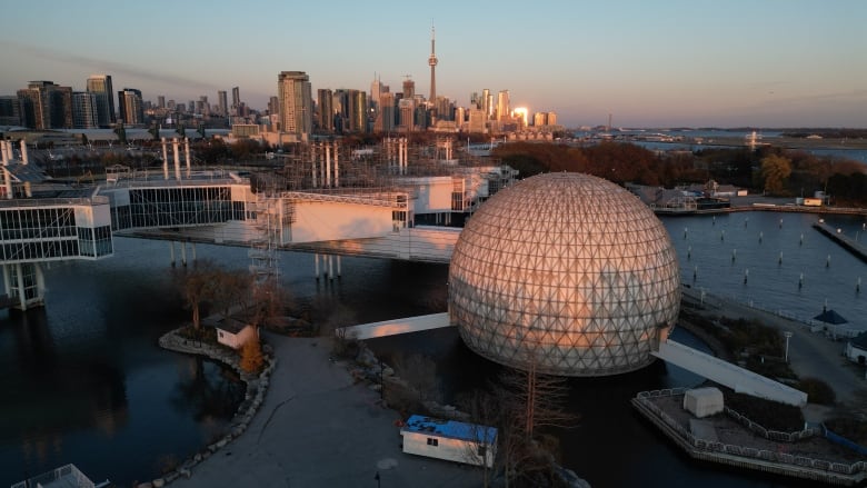 Aerial (drone images) of Ontario Place at sunset.