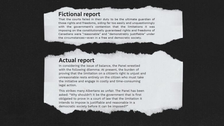   two excerpts; one from a fictional report, one from an actual report