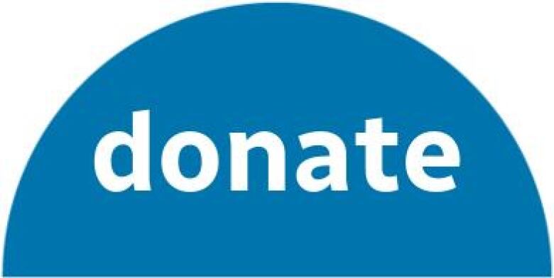 blue semi-circle with the word donate on it in white