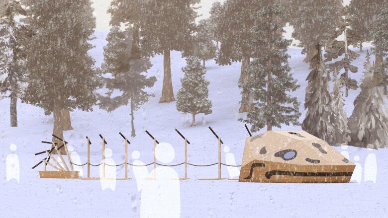 An artist's rendering shows a wooden warming hut that's built in the shape of a catfish. 