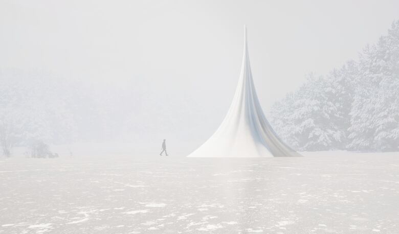 An artist rendering of a warming hut in the shape of a white tent along an icy river. 