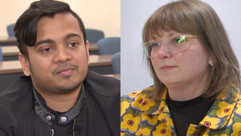 Side-by-side photos of a young man and a woman wearing glasses. 