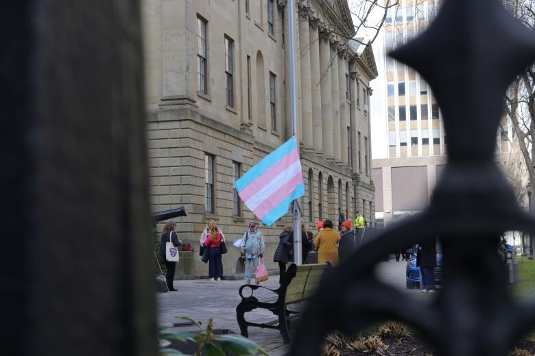 A transgender pride flag at half mast is seen through the grills of a gate.