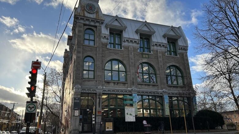 A building stands in the street.