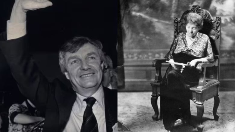 On the left, a male politician waves to a crowd. On the right, an older woman reads in a chair.