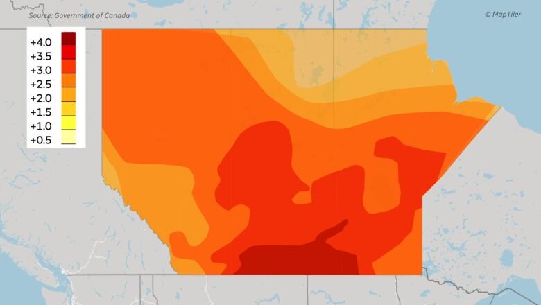 Map showing temperatures were as much as 4 C above normal between December 2015 and February 2016 on the Prairies during the last El Nio event.