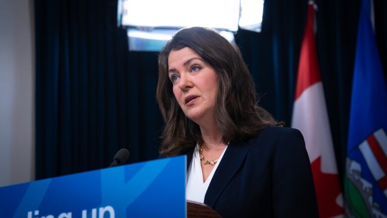 Premier Danielle Smith speaks to reporters in Edmonton about using the Sovereignty Within a United Canada Act for the first time. 