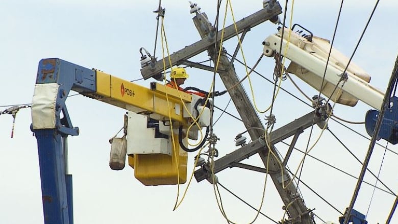 Maritime Electric employee repairing power lines.