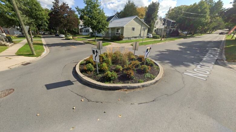 A four-way intersection in a residential neighbourhood with a circle in the middle with plants, and directional traffic signs. 