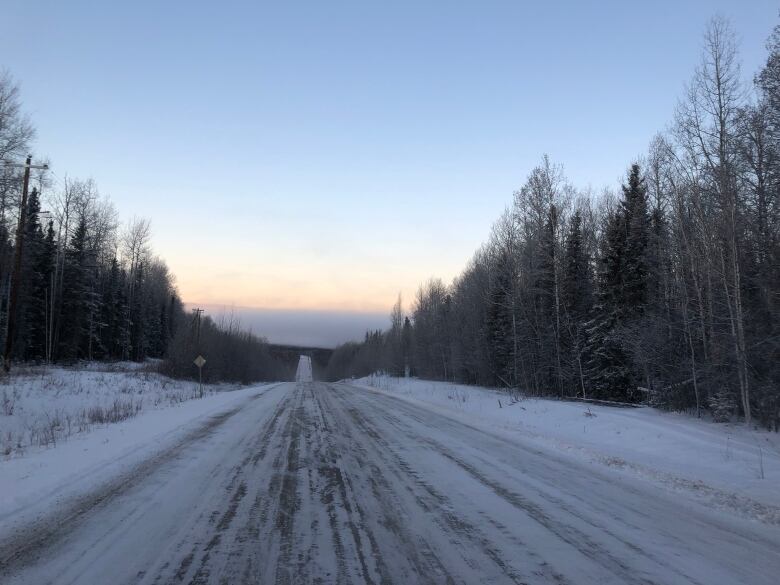 A winter road with trees on either side. 