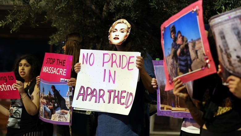 Supporters of the 'BDS' movement protest outside the venue where the 2019 Eurovision song contest final is about to take place in Tel Aviv, Israel May 18, 2019. 