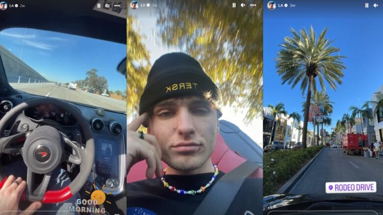 View from the driver's seat of a luxury car on the left, a man driving a luxury car in the centre and the video of a Los Angeles street from inside a car on the right.