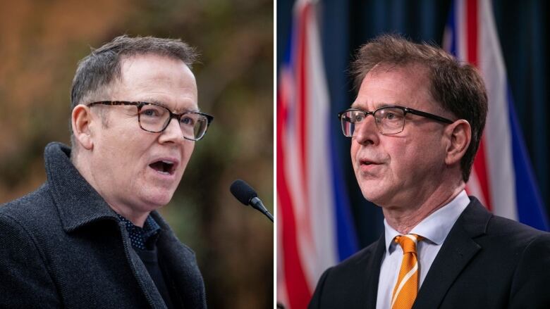 A composite of two white men wearing glasses and speaking at news conferences.