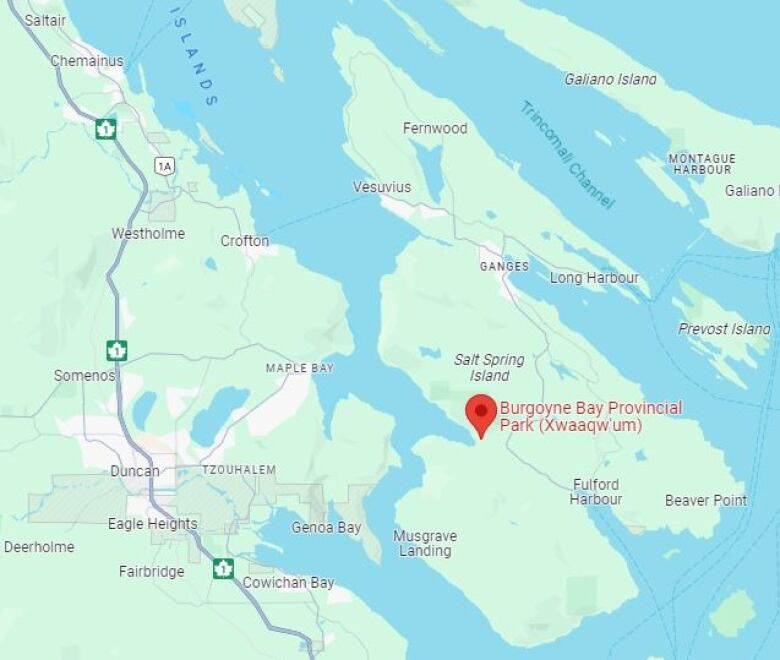 A map shows that two islands are sepereated by only a small band of water. 