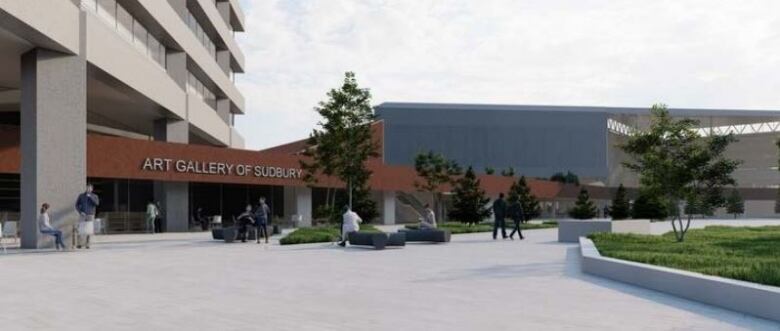 Exterior view of a building with people walking and sitting near the entrance of the building.