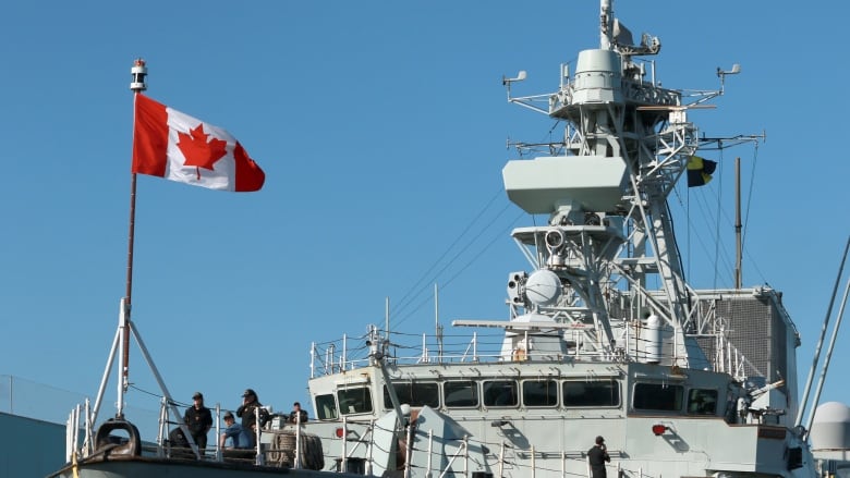 A Canadian naval ship at dock.