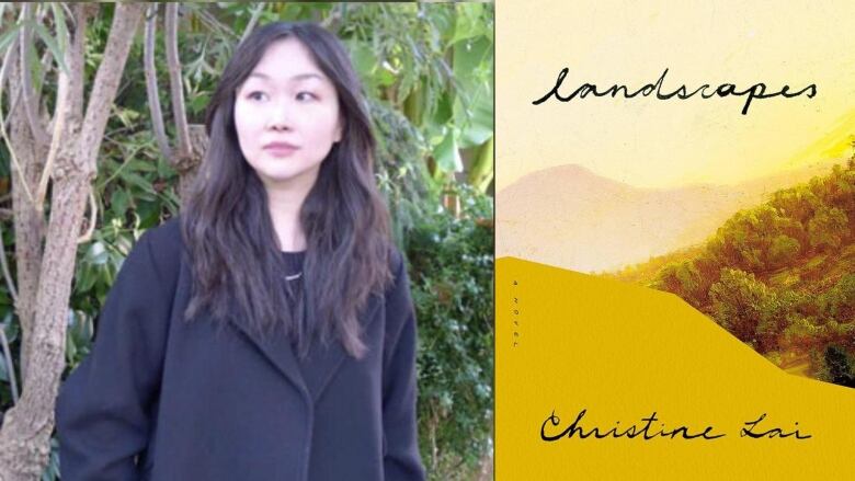 Young Asian woman with long black hair standing in front of trees. A book cover of a valley with trees and yellow tint.