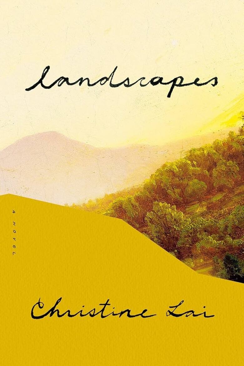 A book cover of a valley with trees and yellow tint.