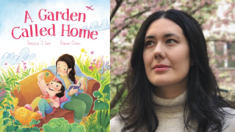 A Garden Called Home by Jessica J. Lee, illustrated by Elaine Chen. Illustrated book cover of a mom and daughter sitting on a brown couch in the middle of a grassy garden looking up at the sky. Headshot of the author.