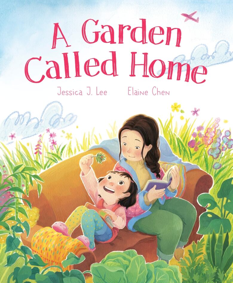 A Garden Called Home by Jessica J. Lee, illustrated by Elaine Chen. Illustrated book cover of a mom and daughter sitting on a brown couch in the middle of a grassy garden looking up at the sky