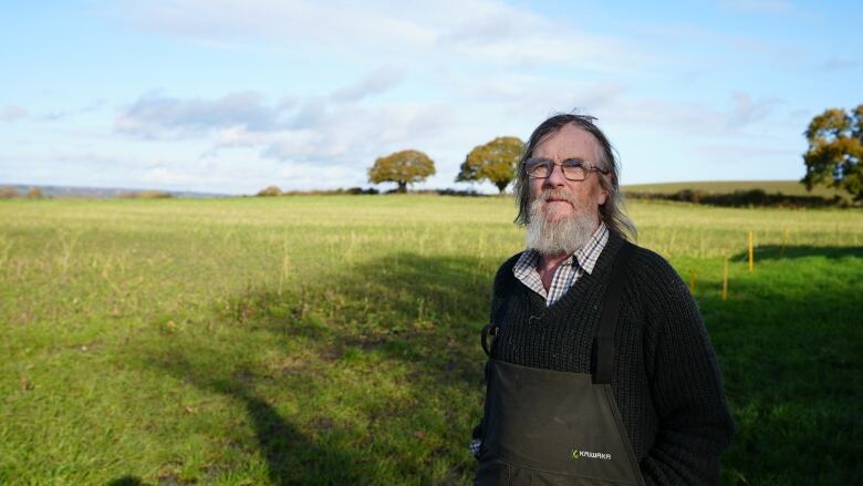 A bearded man stand in a sunny and wide green field. 