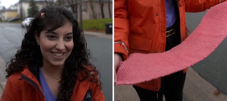 Side by side photos of a young woman on the left, and her holding a pink scarf on the right. 