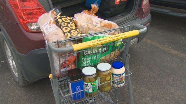 A small grocery cart loaded with a few jars of pickles, mayonnaise and coffee, a couple of loaves of bread, a bag of frozen french fries and a bag of carrots.