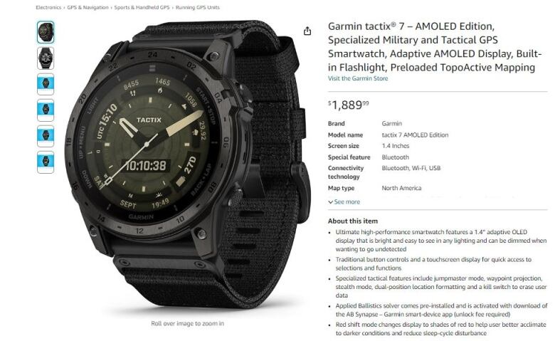 A screenshot from Amazon's website of a black watch with a thick wristband and large face. Details about the item are listed in small font on the right. 