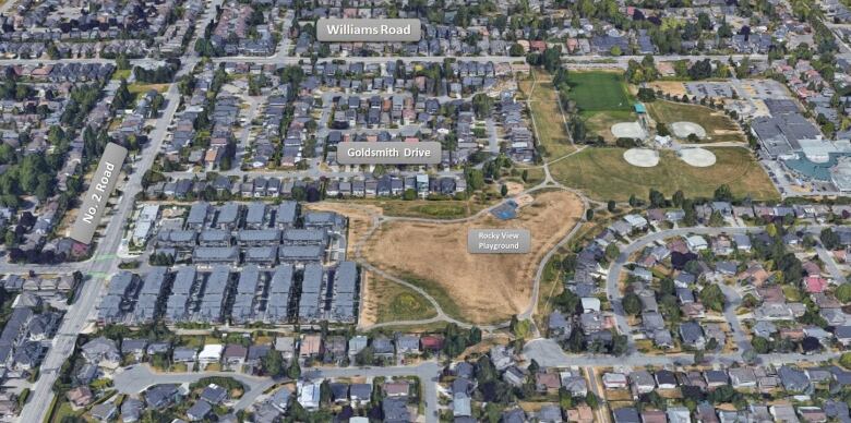 An overhead map showing Goldsmith Drive in Richmond, B.C., close to Rocky View Playground. It is largely an area filled with single-family homes, apart from a green stretch south of Williams Road, which is north of Goldsmith.