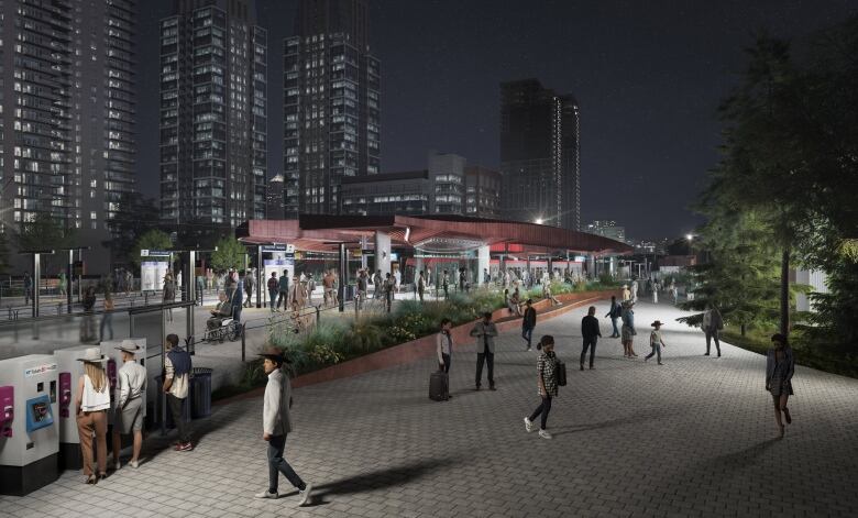 a drawing shows several people standing and walking at a ground-level light rail train station at night.