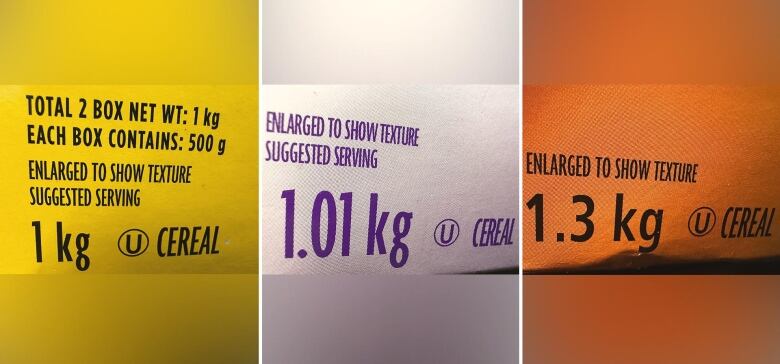 A close-up of the weight labels on the regular, honey nut and multigrain Cheerios two-packs. 