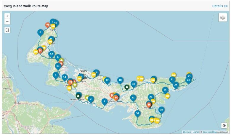 A map of Prince Edward Island showing dozens of points on a map, all linked by a line.