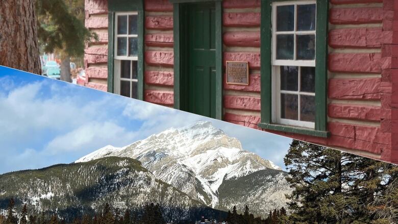 Banff backyard cabin collaged with a photo of the town of Banff. 