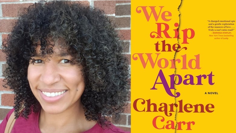 A Black woman with curly hair smiles at the camera. A yellow book cover with pink and orange-toned writing. 