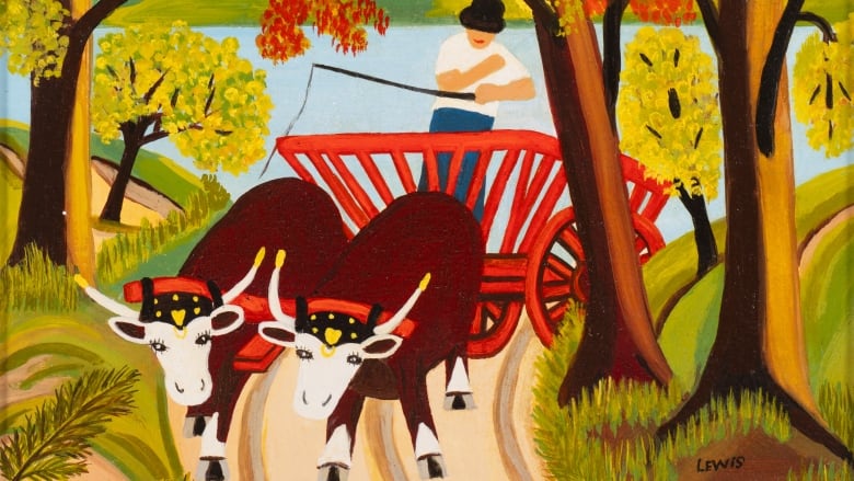 A painting of two oxen pulling a red cart with a man holding a whip. 