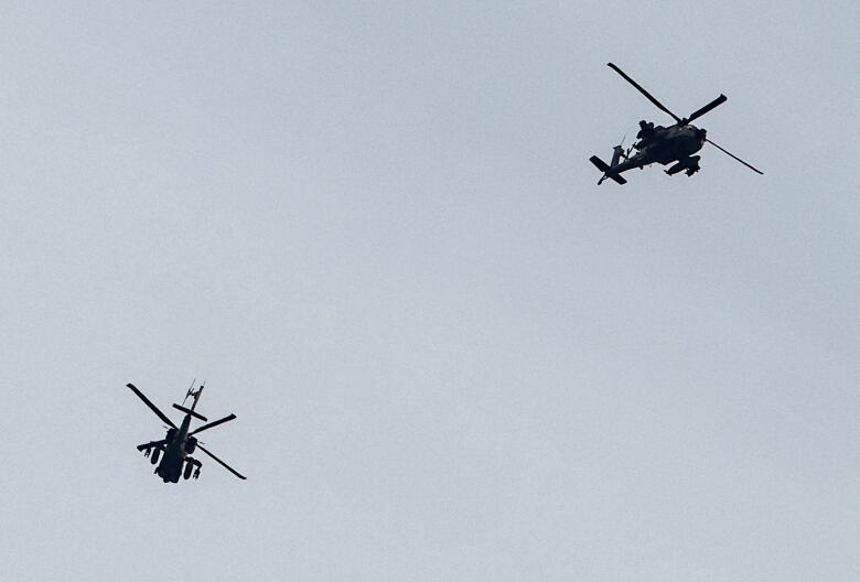 Two military helicopters flying in the sky