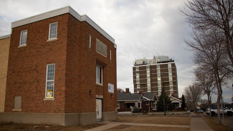 A tall brick building.