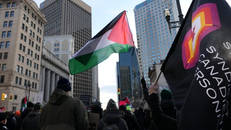 A crowd is pictured, with a person in the middle holding up a Palestinian flag.