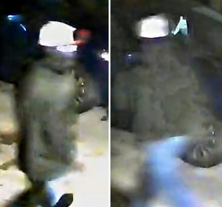 Two blurry images taken from surveillance footage show a person wearing a dark jacket and a white cap.