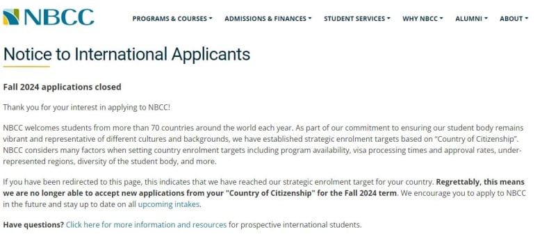 A notice saying students from your country are no longer accepted this year.