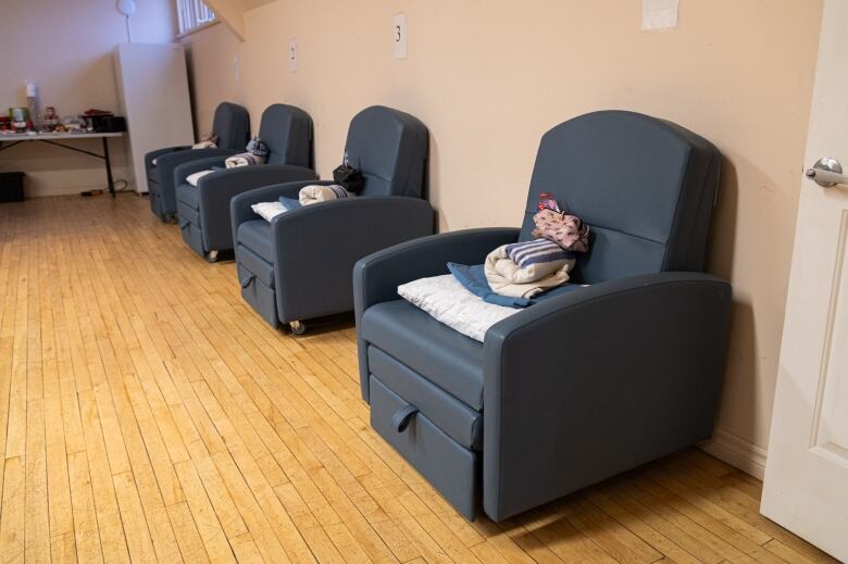 Reclining chairs at My Sister's Place in London, Ont. The chairs make up an overnight space at the shelter, operated by Ark Aid Street Mission, as part of the city's cold weather response to homelessness.