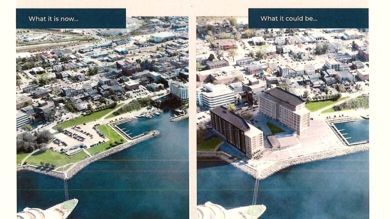 An artist's rendering shows what the Sydney waterfront looks like now and a drawing next to it shows the same location with two apartment towers.