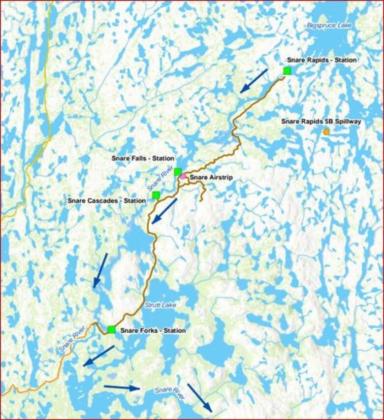 A map showing the reservoir and hydro plants. The reservoir is shown as Bigspruce Lake. 