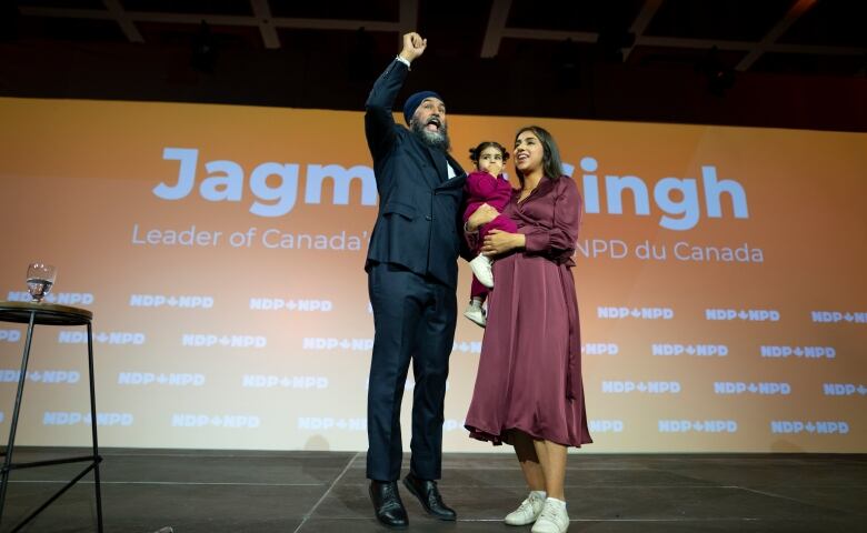 NDP Leader Jagmeet Singh is joined on stage by his wife, Gurkiran Kaur Sidhu and their daughter, Anhad Kaur following his Leadership Showcase at the NDP Convention in Hamilton, Ont. Saturday, October 14, 2023. 