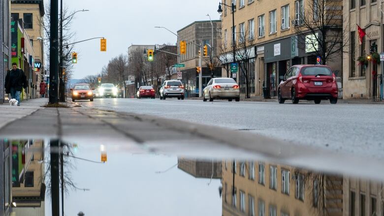 A close-up of a puddle on a road.