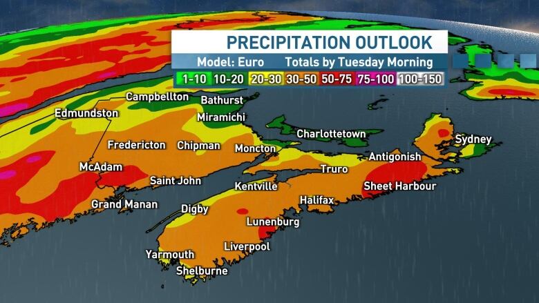 Graphic of precipitation expected by Tuesday morning.